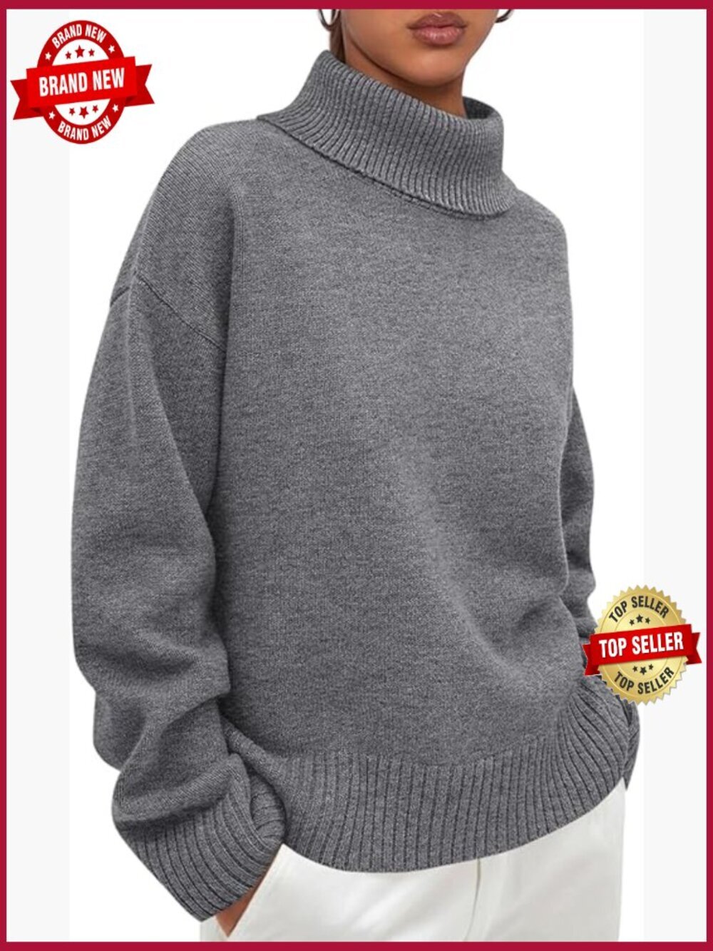 Chunky Knit Turtleneck Pullover Sweater Loose Fit Long Sleeve Top
